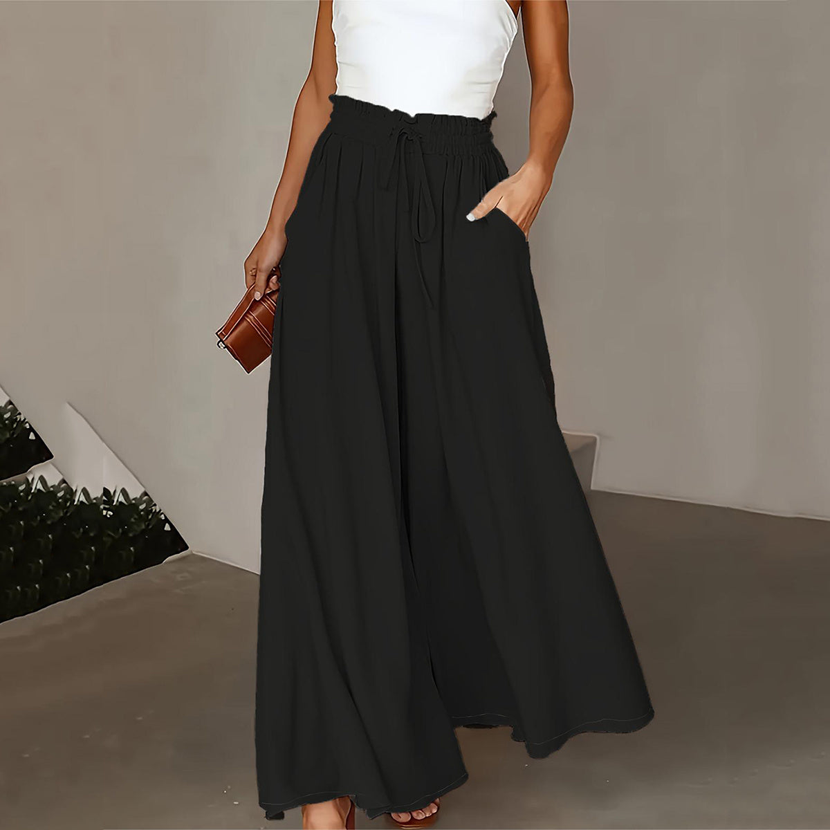 Plus Size Wide Leg Pants - Stylish Solid Paper Bag Waist Design