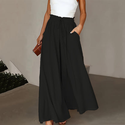 Plus Size Wide Leg Pants - Stylish Solid Paper Bag Waist Design