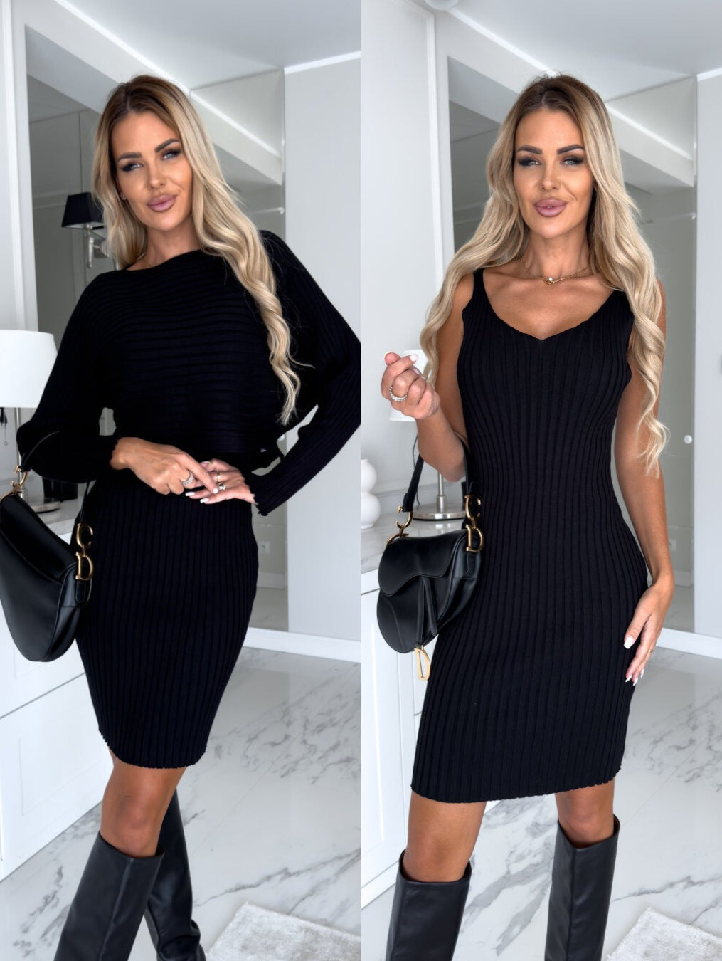 2pcs Solid Stripe Long-sleeved Top And Tight Suspender Skirt