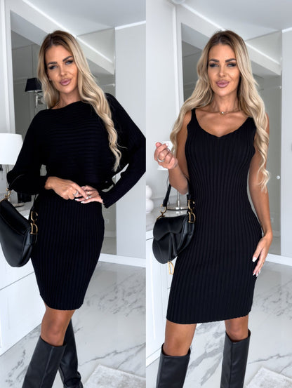 2pcs Solid Stripe Long-sleeved Top And Tight Suspender Skirt