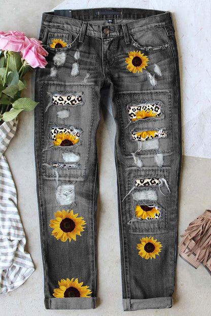 Woman's Middle In Ripped Printed Jeans
