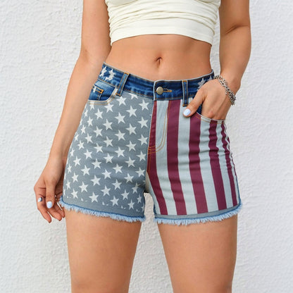 Women's Mid-Rise Patriotic Flare Jeans, Slim Fit Full-Length Jeans With An American Flag Print For 4th Of July, Stretch Denim For Holiday Events