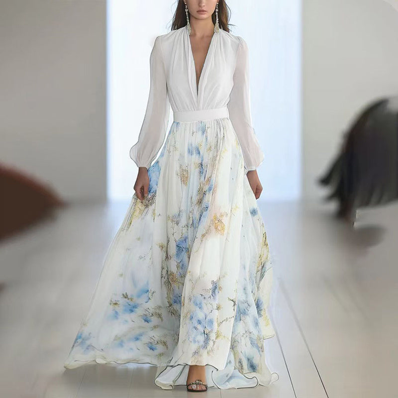 Women's Deep V-Neck Floral Print Boho Maxi Dress With Long Sleeves