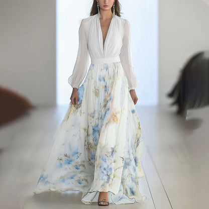 Women's Deep V-Neck Floral Print Boho Maxi Dress With Long Sleeves
