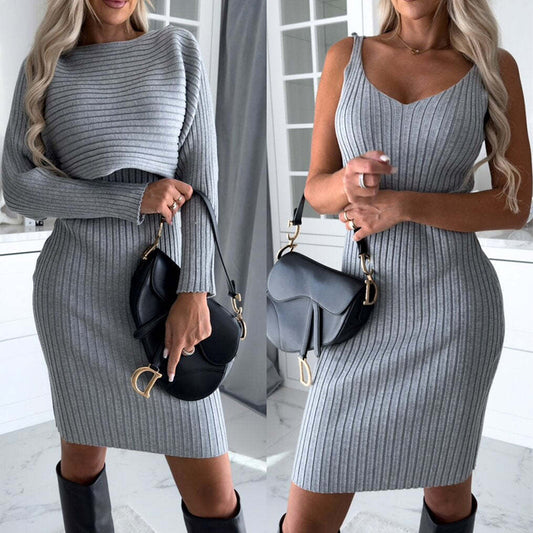 2pcs Solid Stripe Long-sleeved Top And Tight Suspender Skirt