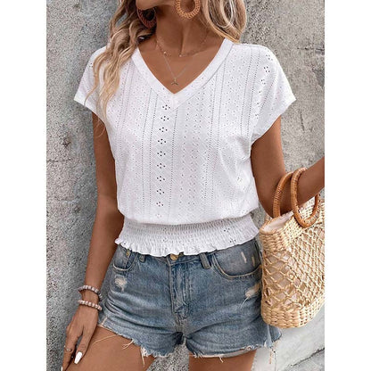 Women Summer Eyelet Top Casual V Neck Short Sleeve Smocked Shirt