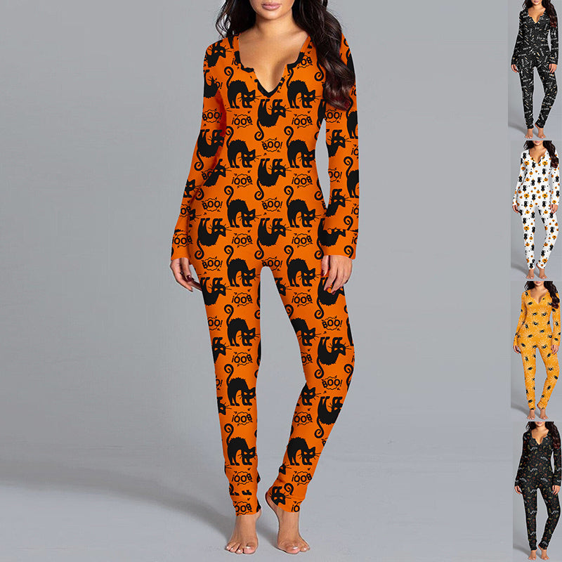 Halloween Printed Jumpsuit Long Sleeve Home Pajamas Casual Trousers