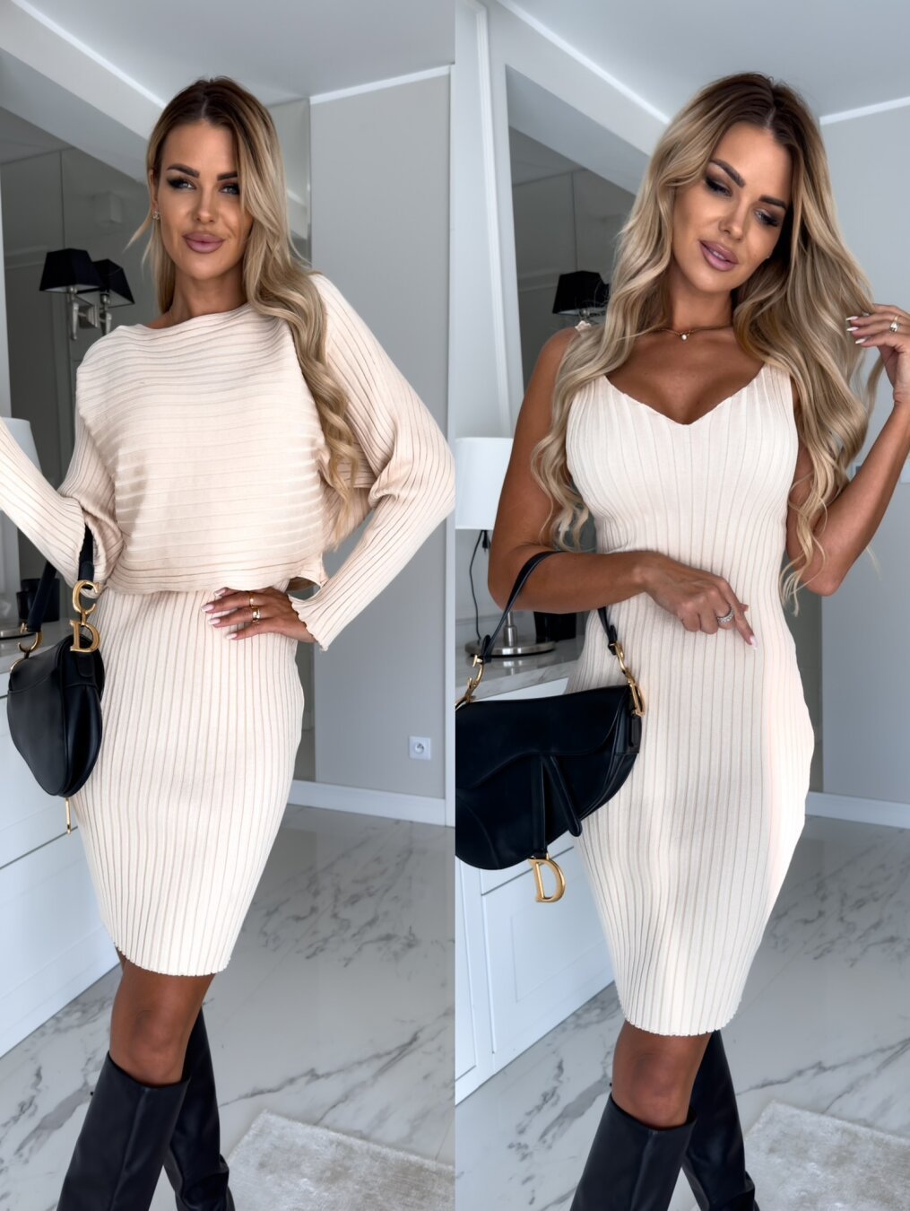 2pcs Solid Stripe Long-sleeved Top And Tight Suspender Skirt