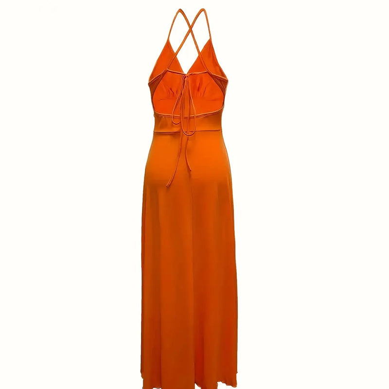 Women's Deep V Neck Maxi Dress Spaghetti Strap Sleeveless Backless High Slit Long Dress