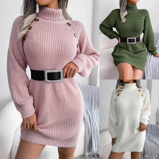 Winter Turtleneck Long Sweater Dress With Button Design  (without belt)