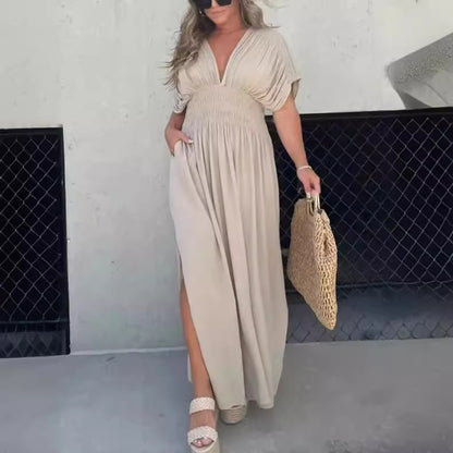 Fashion Bat-sleeved V-neck Slit Dress Summer Short Sleeve