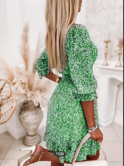 V-neck Printed Dress With Ruffled Sleeves And Waist-exquisite
