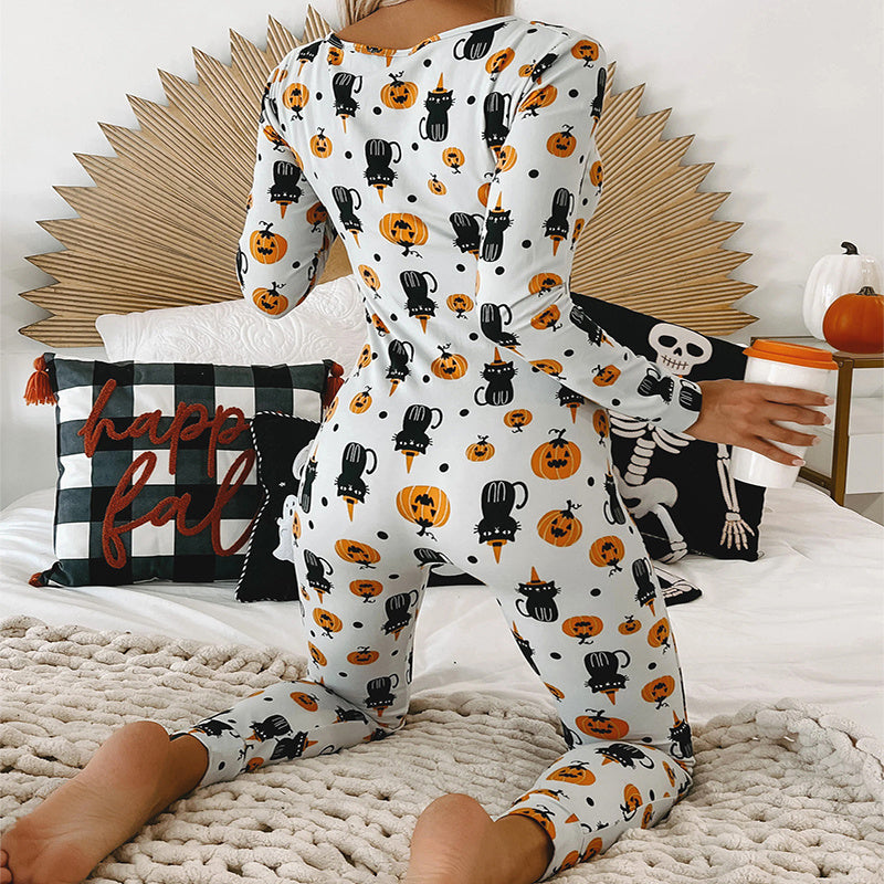 Halloween Printed Jumpsuit Long Sleeve Home Pajamas Casual Trousers