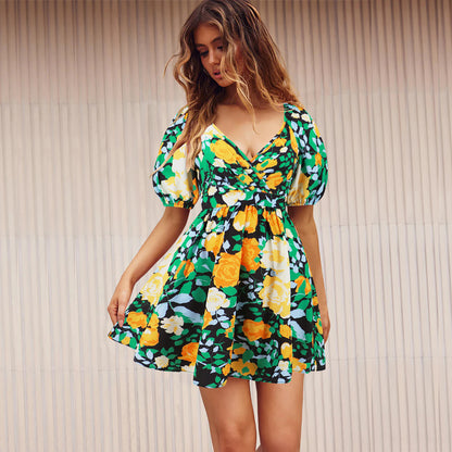 Flowers Print V-Neck Lantern-sleeve Dress Y2K Summer Vacation Beach Short Dresses