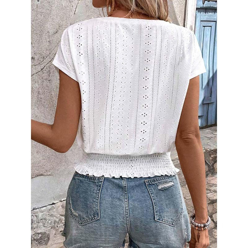 Women Summer Eyelet Top Casual V Neck Short Sleeve Smocked Shirt