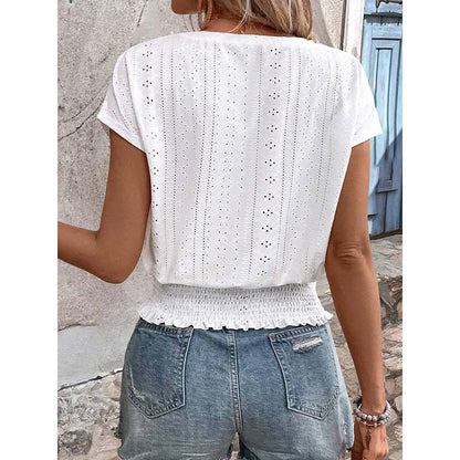 Women Summer Eyelet Top Casual V Neck Short Sleeve Smocked Shirt