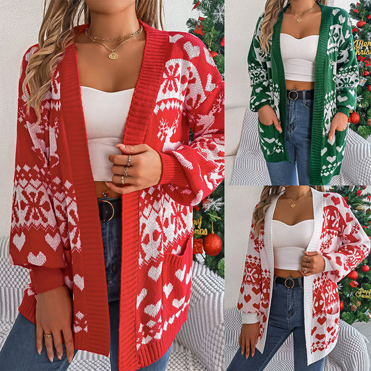 Open Front Cardigan Knitwear Xmas Printed Deer Sweater