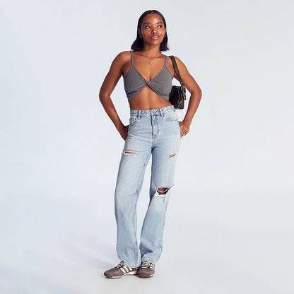 High-Waist Jeans, Wide-Leg Full-Length With Center Pleat, Cotton Denim For All Seasons