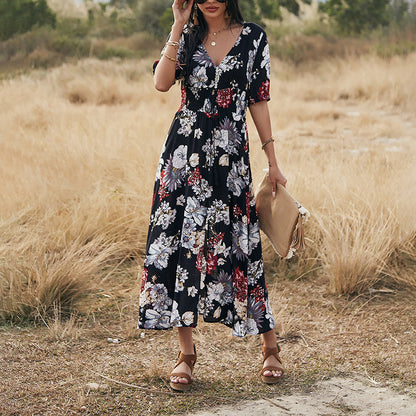 Floral Summer Beach Dress With V Neck